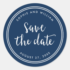 Blauw Schrift en Witte Strepen Bewaar de Datum Ronde Sticker