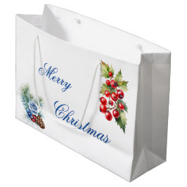 Blauw Schrift op Witte Hulstbessen Prettig Kerstfe Groot Cadeauzakje