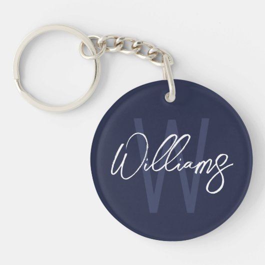 Blauw Schrifttype Gepersonaliseerde Monogram en Na Sleutelhanger (Voorkant)