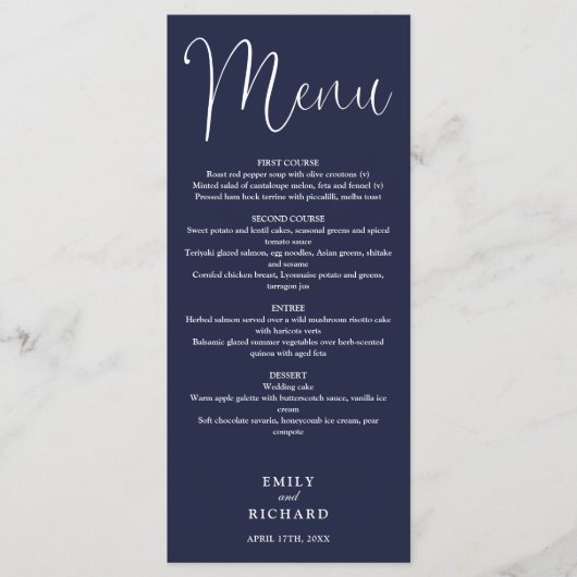 Blauw Schrijfsjabloon Trouwkaart Menu (Voorkant)