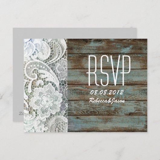  blauw schuur hout kant land bruiloft RSVP Uitnodiging Briefkaart (Voorkant / Achterkant)