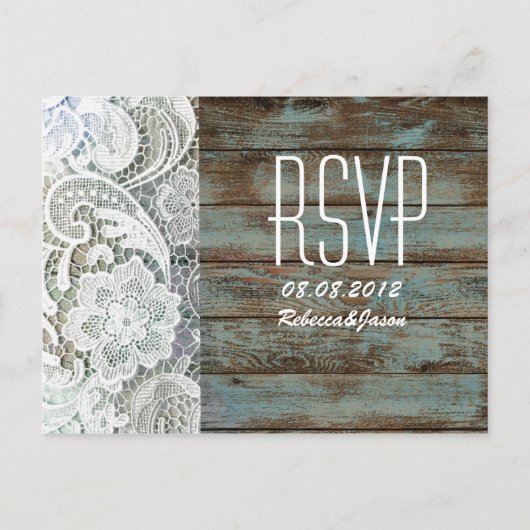  blauw schuur hout kant land bruiloft RSVP Uitnodiging Briefkaart (Voorkant)