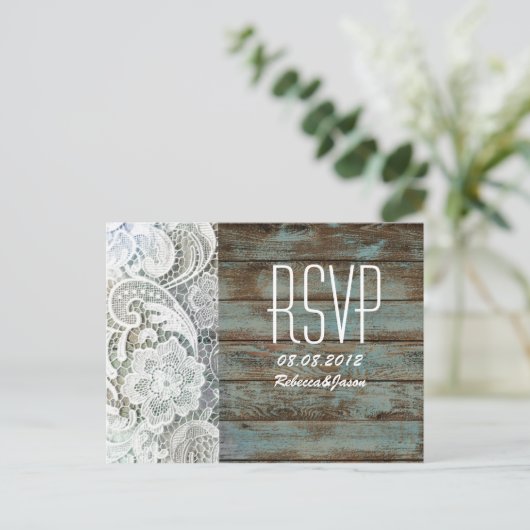  blauw schuur hout kant land bruiloft RSVP Uitnodiging Briefkaart (Staand voorkant)