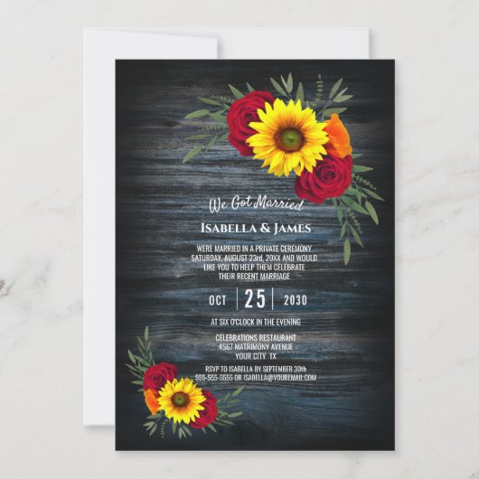 Blauw schuur hout zonnebloem roos huwelijksrecepti kaart (Voorkant)