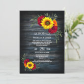 Blauw schuur hout zonnebloem roos huwelijksrecepti kaart (Staand voorkant)