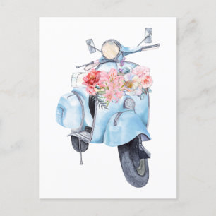  blauw scooter met bloemetjes briefkaart