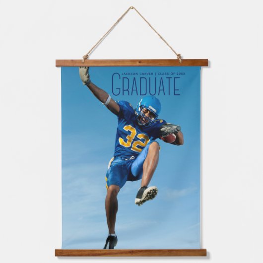 Blauw script Afstuderen Afstuderen Foto Athlete Hangend Wandkleed (Voorkant)