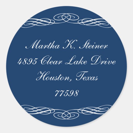 Blauw script elegante scroll vakantie adreslabel ronde sticker (Voorkant)