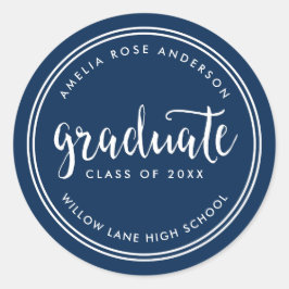 Blauw script en witte strepen Afstuderen Afstudere Ronde Sticker