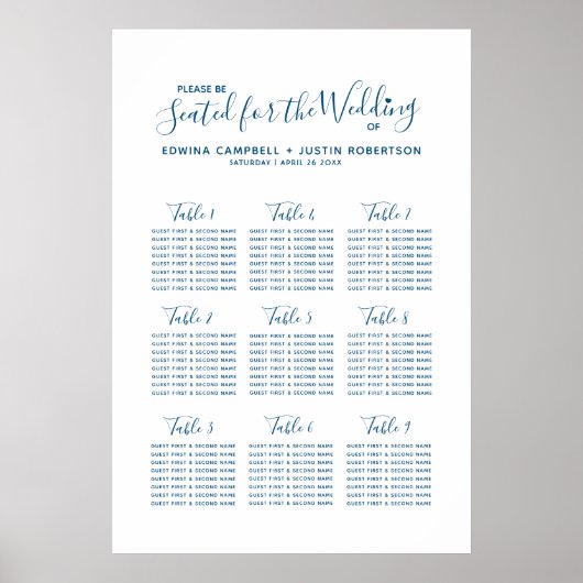 Blauw script harten trouwlijstplan poster (Voorkant)
