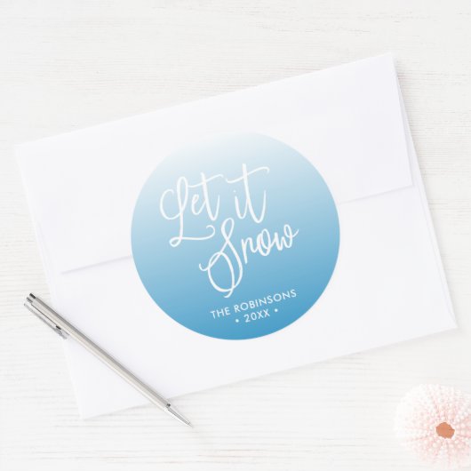 Blauw Script Laat het sneeuwwinter vakantie Ronde Sticker (Envelop)