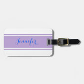 Blauw Script Naam, Lavendel Stripes op Wit Bagagelabel (Voorkant horizontaal)