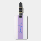 Blauw Script Naam, Lavendel Stripes op Wit Bagagelabel (Voorkant verticaal)