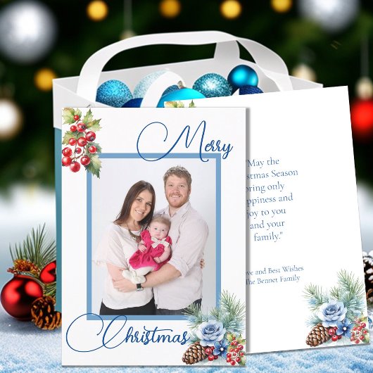 Blauw Script op Wit & Bessen Kerstmis Groet Feestdagenkaart