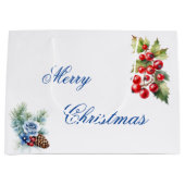 Blauw Script op Witte Holly bessen Vrolijk Kerstfe Groot Cadeauzakje (Voorkant)