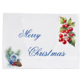 Blauw Script op Witte Holly bessen Vrolijk Kerstfe Groot Cadeauzakje (Achterkant)