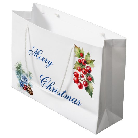 Blauw Script op Witte Holly bessen Vrolijk Kerstfe Groot Cadeauzakje (Voorkant Gekanteld)