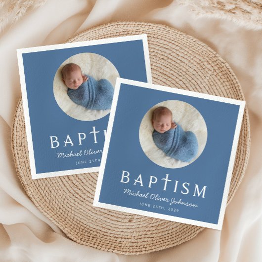 Blauw script Religieuze Cross Baptism Foto Servet