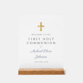 Blauw Script Religieuze Jongen Eerste Communie Wel Acryl Bord (Voorkant)