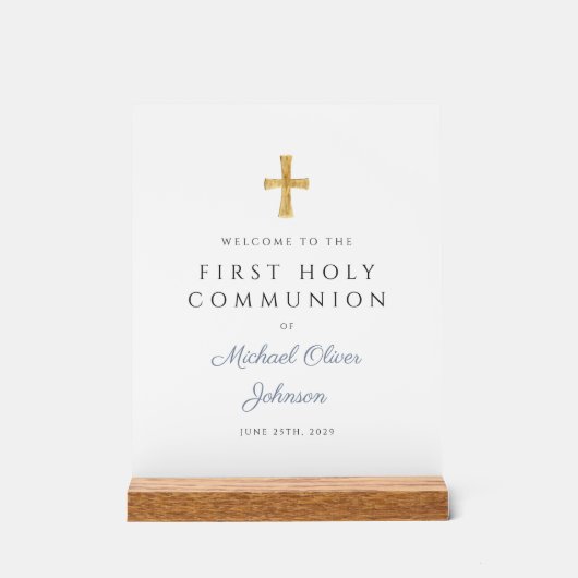 Blauw Script Religieuze Jongen Eerste Communie Wel Acryl Bord (Voorkant)