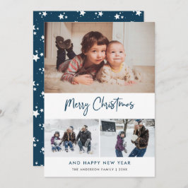 Blauw script sterren Kerstmis 3 Foto Collage Feestdagenkaart