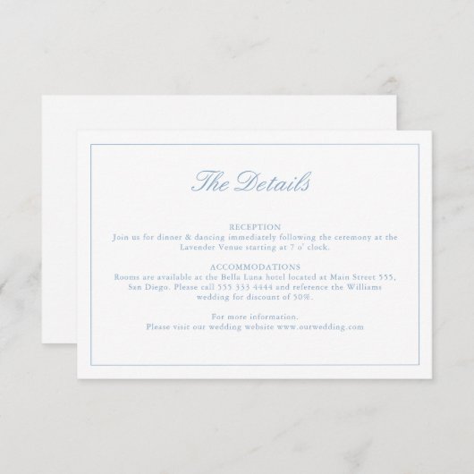 Blauw Script Wildflower Monogram Details Kaart (Voorkant / Achterkant)