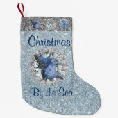 Blauw Seashell Jewel Aquamarijn Zilver FauxGlitter Kleine Kerstsok (Voorkant)