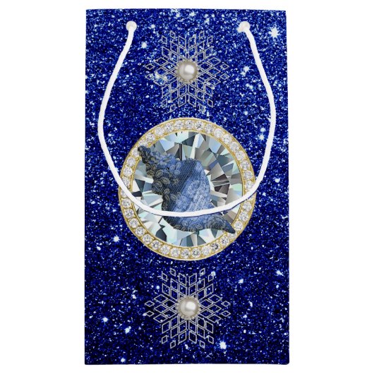 Blauw Seashell Jewel Blauw Faux Glitter Sneeuwvlok Klein Cadeauzakje (Achterkant)