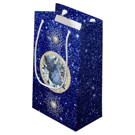 Blauw Seashell Jewel Blauw Faux Glitter Sneeuwvlok Klein Cadeauzakje (Achterkant Gekanteld)