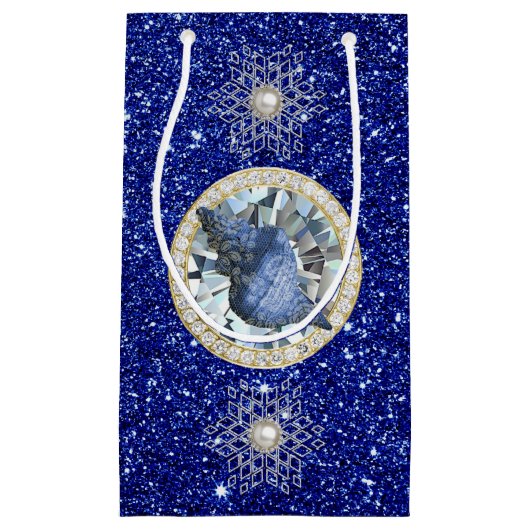 Blauw Seashell Jewel Blauw Faux Glitter Sneeuwvlok Klein Cadeauzakje (Voorkant)
