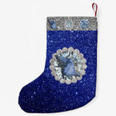 Blauw Seashell Jewel Blauw & Zilver Faux Glitter Kleine Kerstsok (Achterkant)