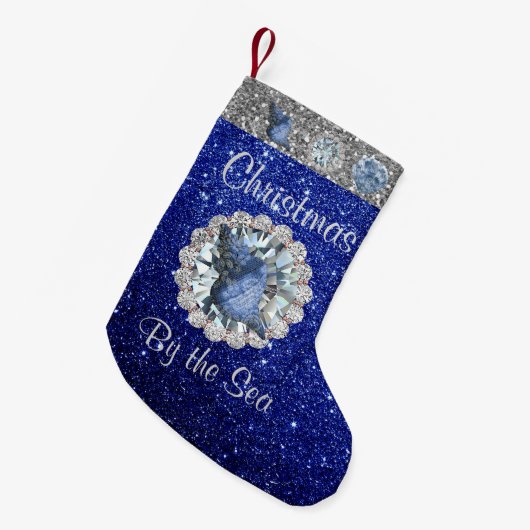 Blauw Seashell Jewel Blauw & Zilver Faux Glitter Kleine Kerstsok (Voorkant (Hangend))