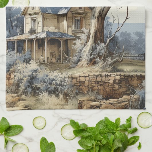 Blauw Sepia Bruin Toile Landhuis Platteland   Theedoek (Gevouwen)