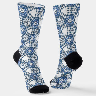 Blauw Shibori Tie Dye Elegant Geometrisch Patroon Sokken