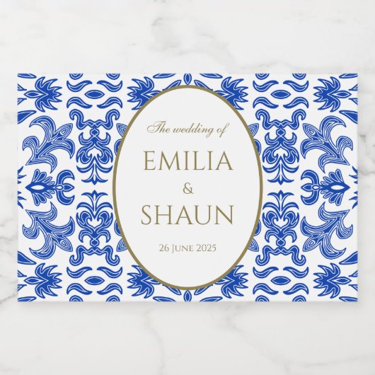 Blauw Siciliaans Patroon Mini Fizz Flesetiket Sparkling Wijnetiket (Enkel label)