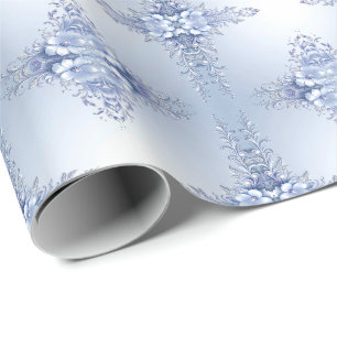 Blauw Sierbloemen met Parels Inpakpapier