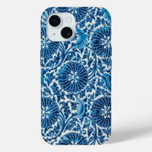 blauw sierbloempatroon iPhone 15 case