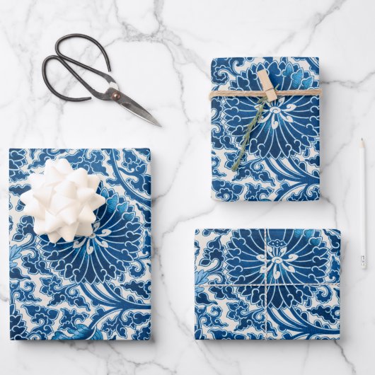  blauw sierbloempatroon inpakpapier vel (Voorkant)