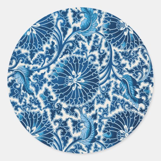  blauw sierbloempatroon ronde sticker (Voorkant)