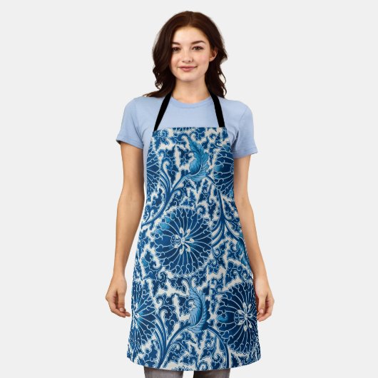  blauw sierbloempatroon schort (Gedragen)