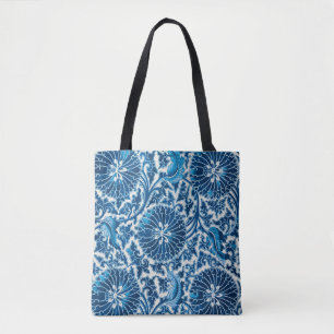 blauw sierbloempatroon tote bag