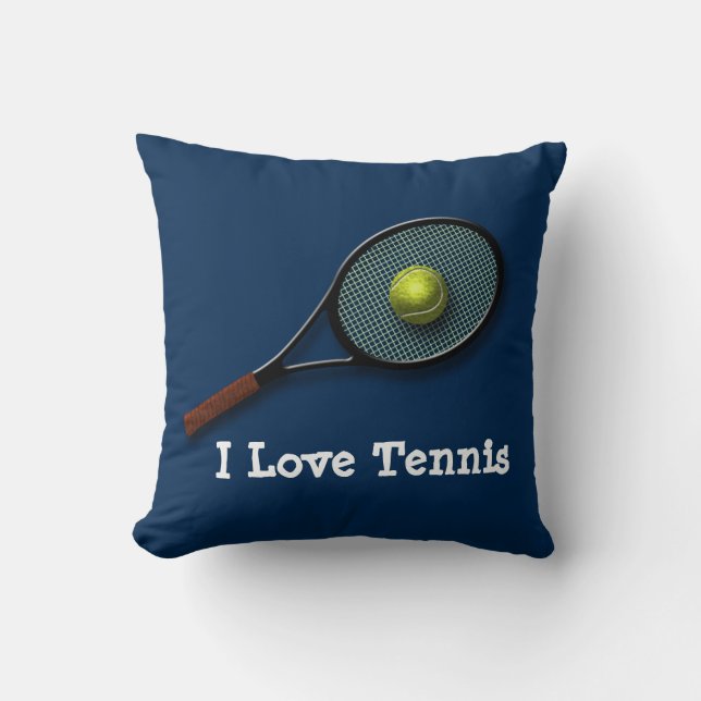 Blauw Sierkussen "I Love Tennis" met Racket (Voorkant)