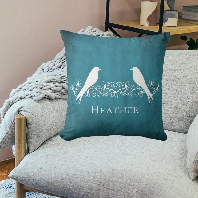 Blauw Sierkussen van vederwild (Blue Lovebirds Floral Vine Throw Pillow)