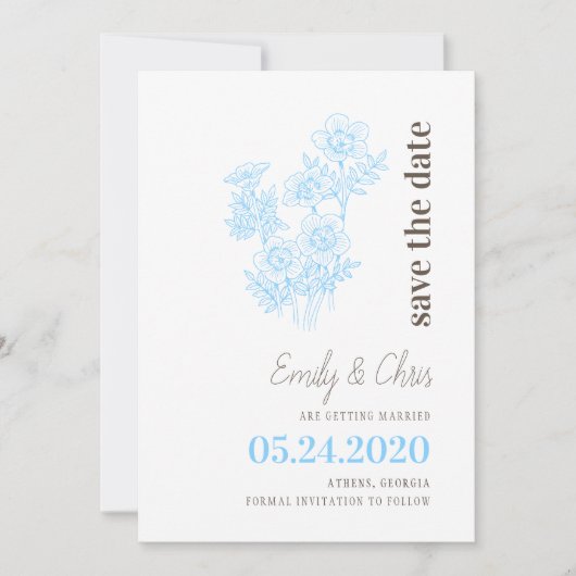 Blauw sierlijk bloemen Save the Date Kaart (Voorkant)
