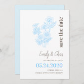 Blauw sierlijk bloemen Save the Date Kaart (Voorkant / Achterkant)