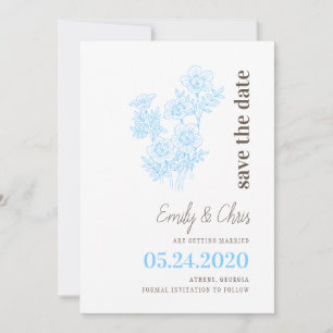 Blauw sierlijk bloemen Save the Date Kaart