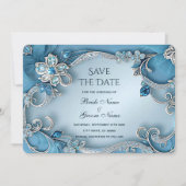 Blauw Sierlijk Bloemmotief Bewaar De Datum Save The Date (Voorkant)