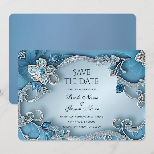 Blauw Sierlijk Bloemmotief Bewaar De Datum Save The Date (Voorkant / Achterkant)