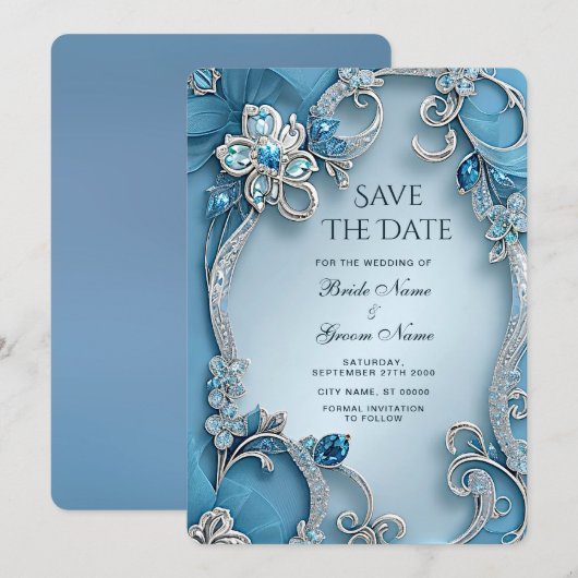 Blauw Sierlijk Bloemmotief Bewaar De Datum Save The Date (Voorkant / Achterkant)