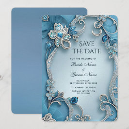 Blauw Sierlijk Bloemmotief Bewaar De Datum Save The Date